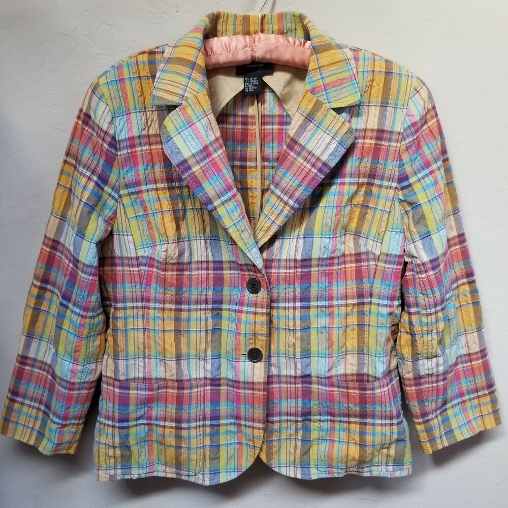 DD Collection Women Sz 14 Multicolor Plaid Two-Button Blazer Jacket Cotton Blend